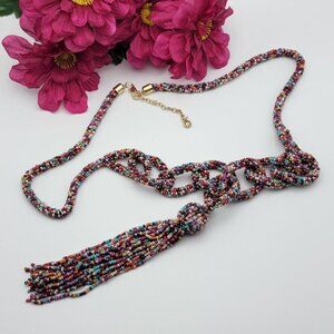 Multicolor Seed Bead Tassel Necklace 36 In Long Strand Boho Statement C1946
